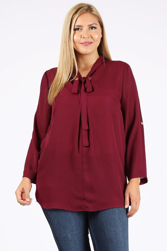 HI Curvy Plus Size Women Tie V-Neck Relaxed Shirts