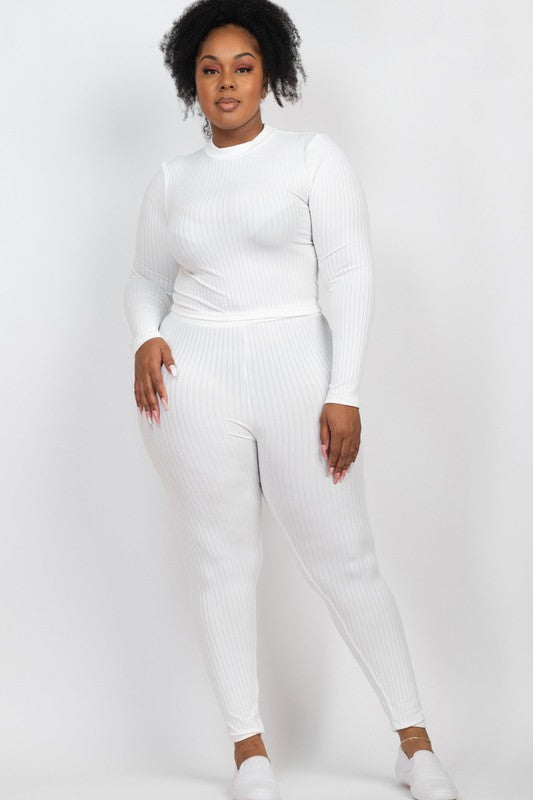 Hi Curvy Plus Ribbed Mock Neck Long Sleeve Top & Leggings Set