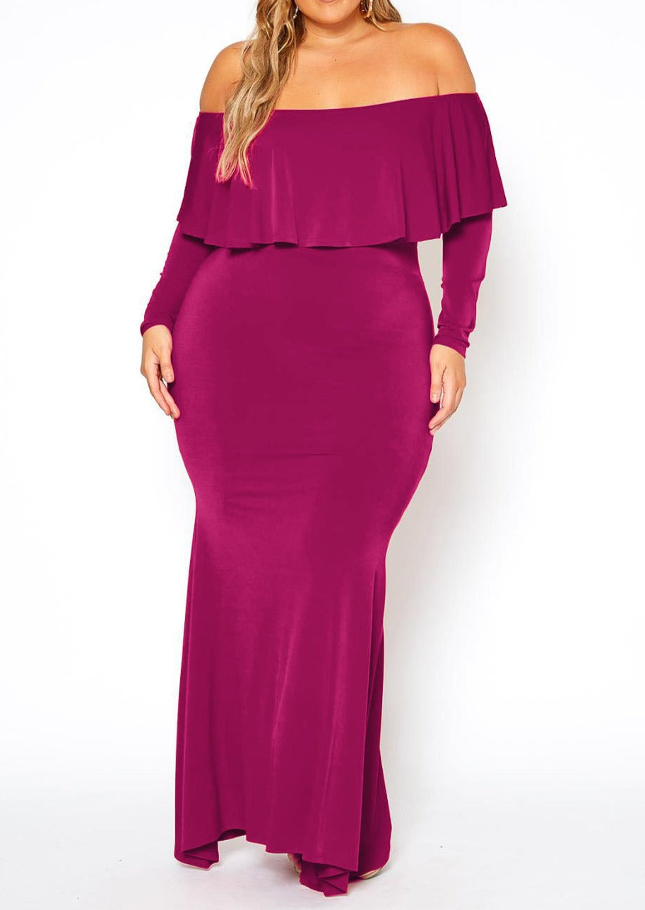 HI Curvy Plus Size Women Elegant Red Carpet Off Shoulder Mermaid Maxi Dress