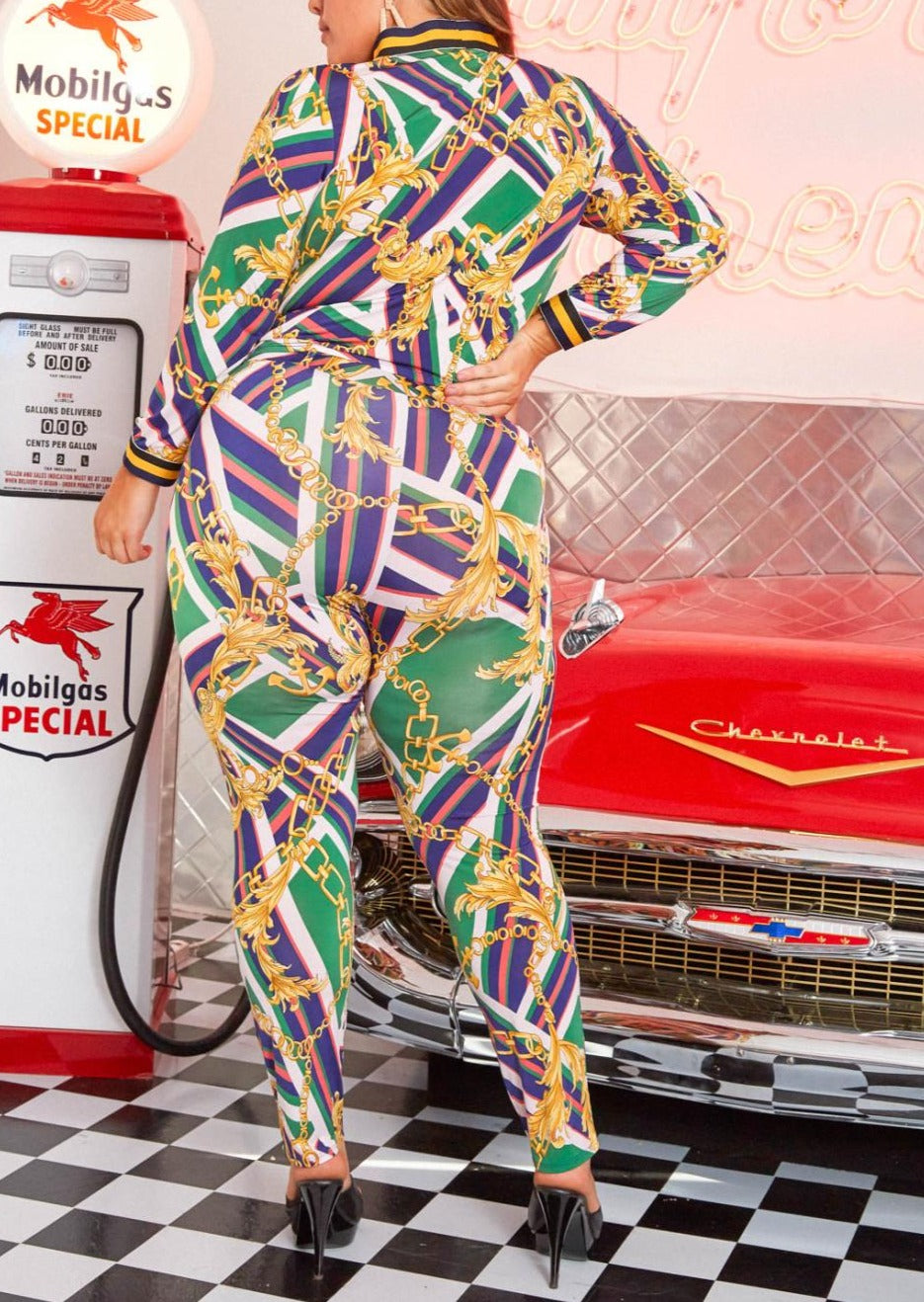 Hi Curvy Plus Size Women Gold Chain Print Long Sleeve Top & Leggings Set