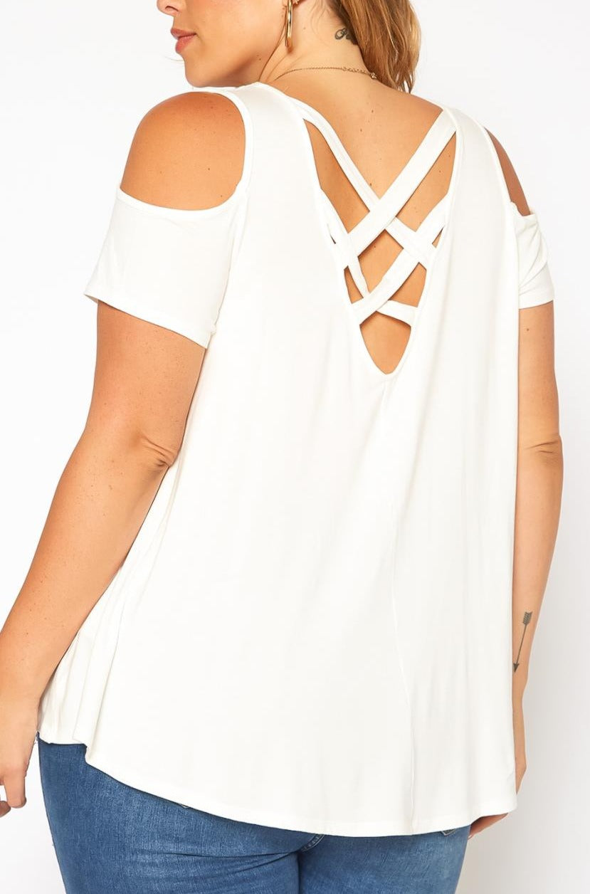 Hi Curvy Plus Size Women Cross Lace Back Cold Shoulder Top