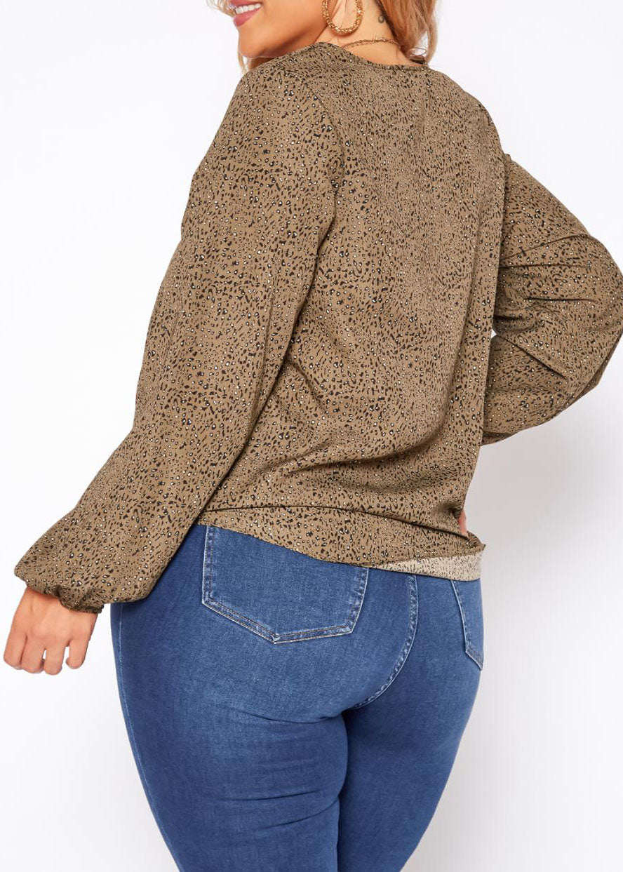 Hi Curvy Plus Size Women Leopard Print Long Sleeve Blouse