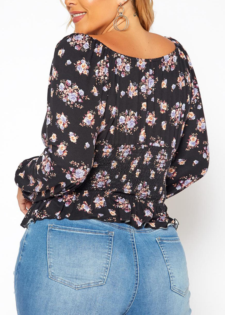 Hi Curvy Plus Size Women Floral Print Smocked V Neck Long Sleeves Shirt