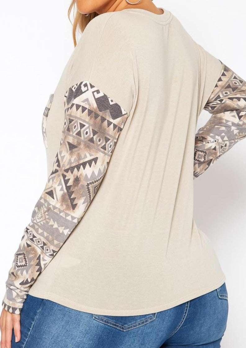 Hi Curvy Plus Size Aztec Print Long Sleeve Top