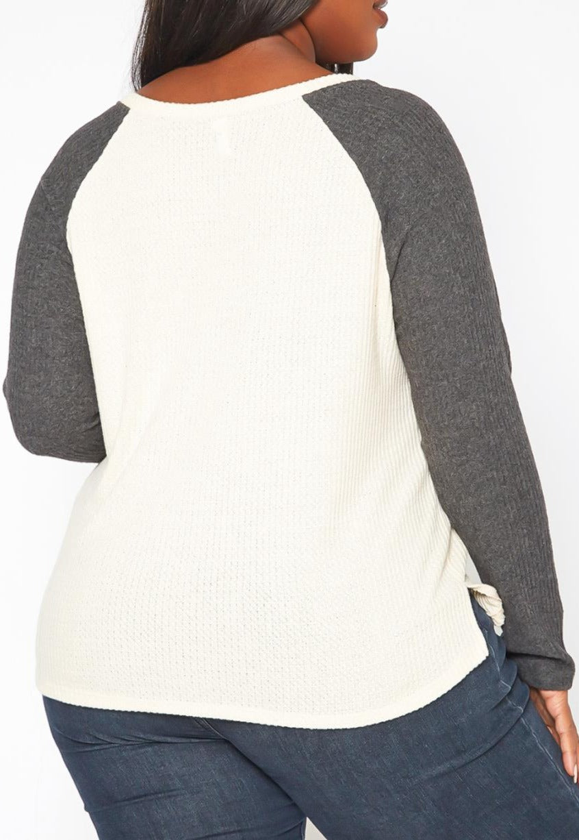 Hi Curvy Plus Size Color Block Knit Long Sleeve Shirt