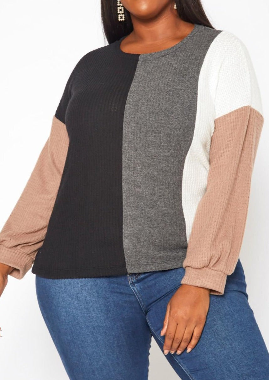 Hi Curvy Plus Size Color Block Waffle Knit Sweater
