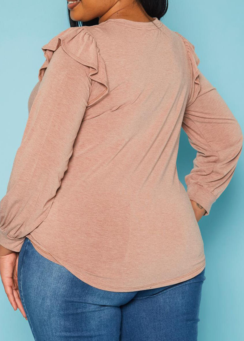 Hi Curvy Plus Size Women Ruffle Trim Long Sleeve Shirt Top Made in USA