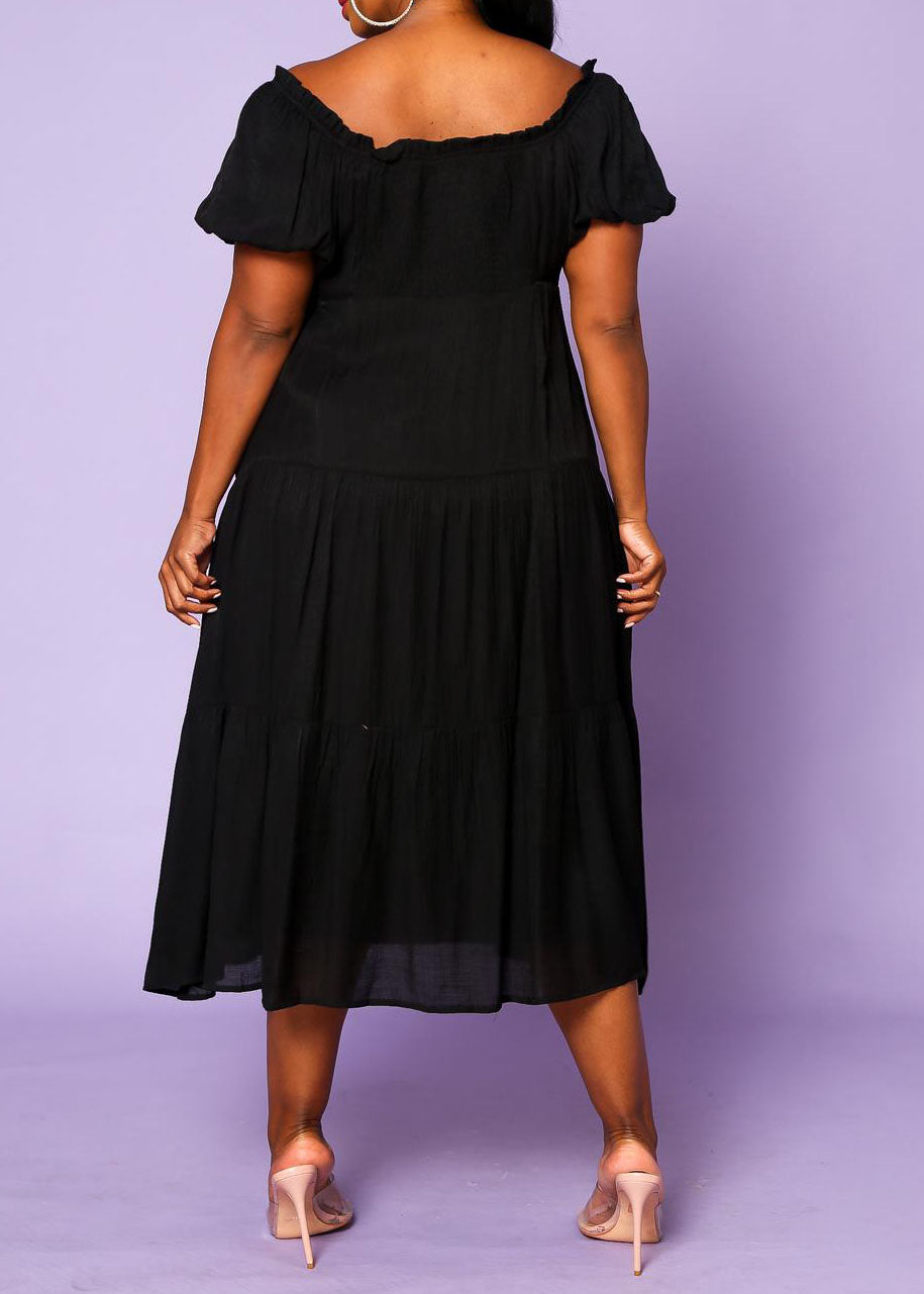 Hi Curvy Plus Size Women Off the Shoulder Button Down Flare Dress