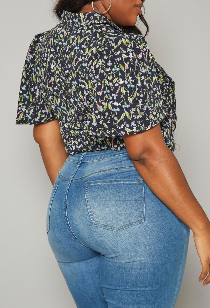 Hi Curvy Plus Size Women Floral Pattern Collar Neck Shirt
