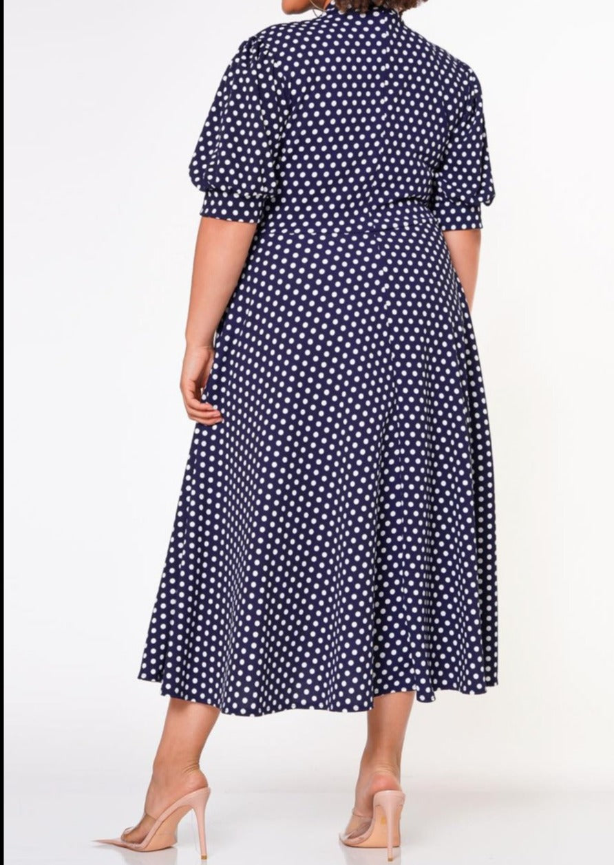HI Curvy Plus Size Women Polka Dot Print Bow Collar Flare Dress Made in USA