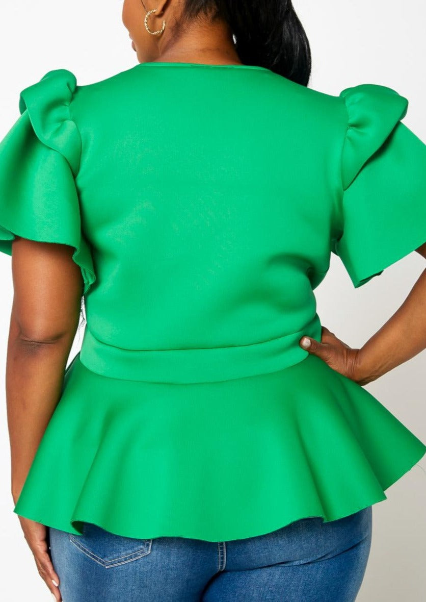 HI Curvy Plus Size Women Tie Front Ruffle Peplum Blouse