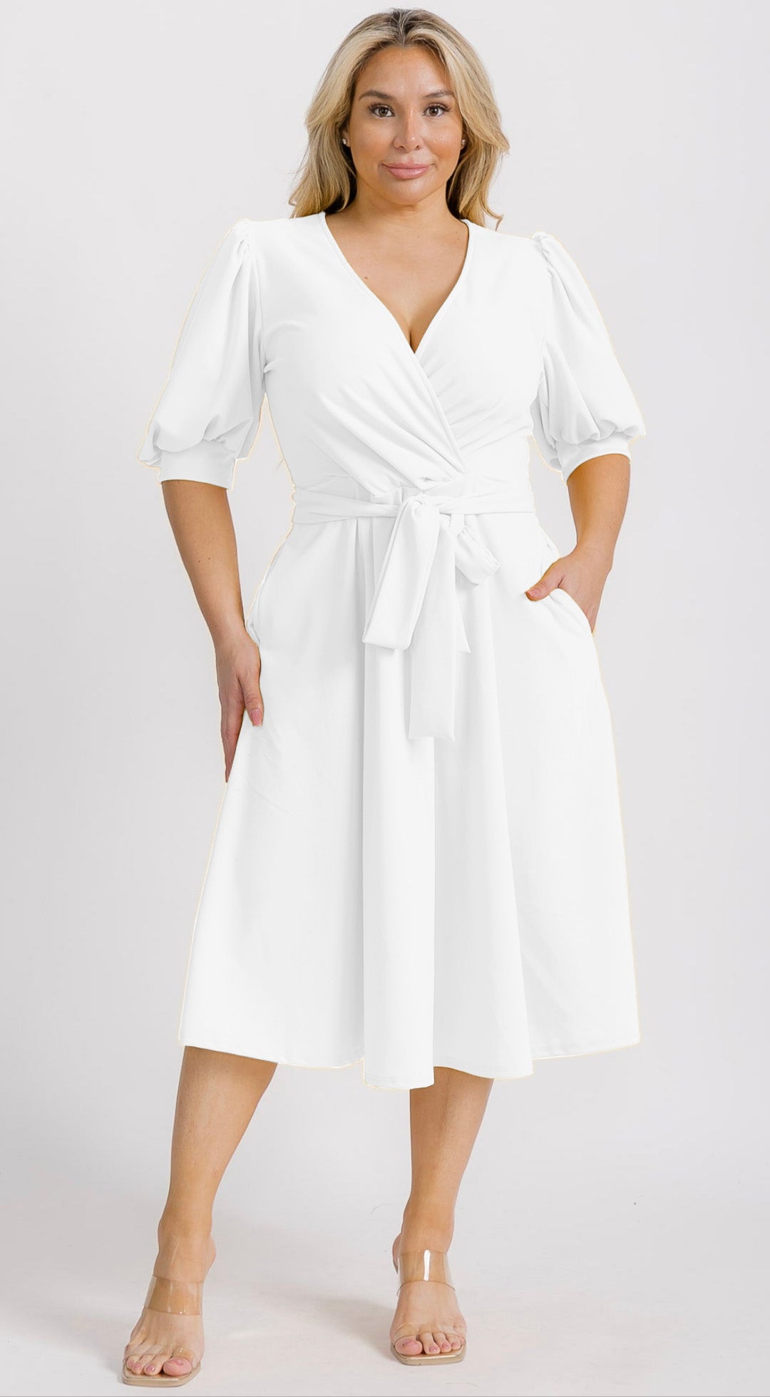 Hi Curvy Plus Size Women Wrap Midi Dresses with Pockets and belt