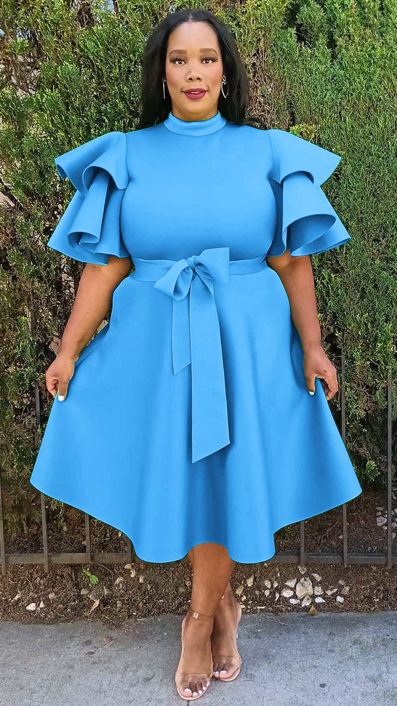 Plus Size Extravagant Fit and Flare Midi Dress With Belt