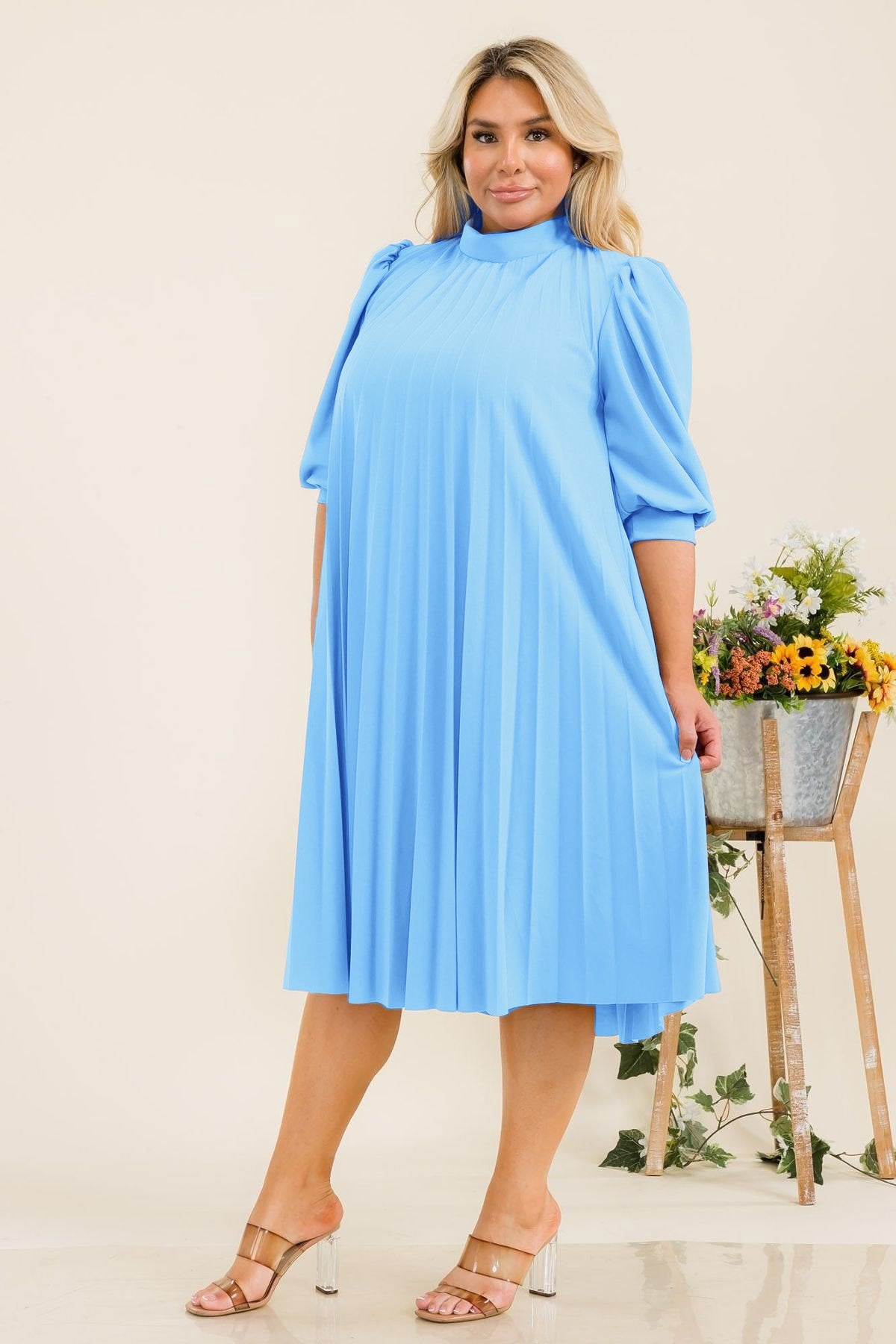 Plus Size Bishop Sleeves Pleated Knee Dress with Bow Tie Back