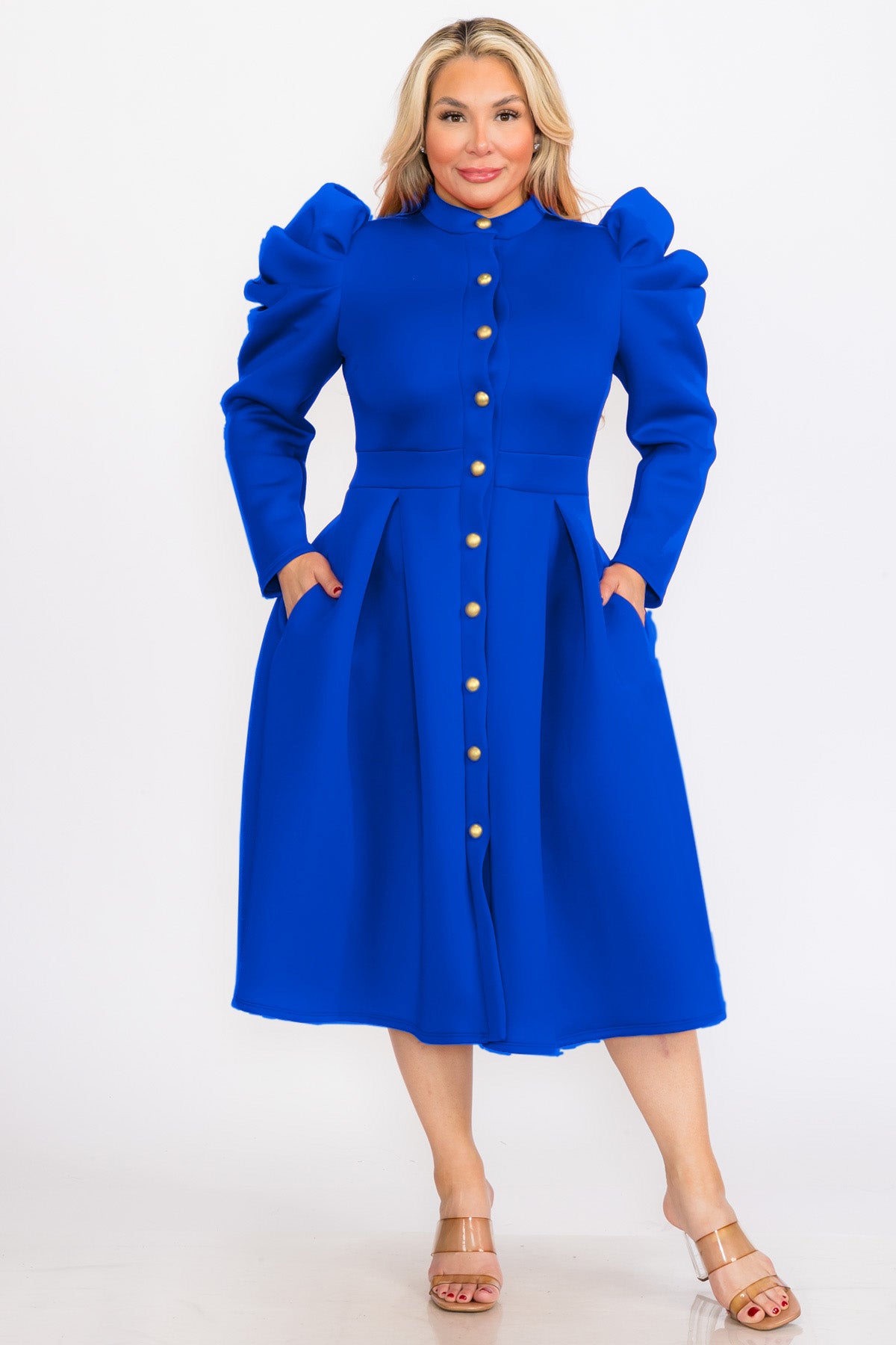 Plus Size Women Turtle neck Fluffy Sleeves Button Down Flare Midi Dress with Pocket