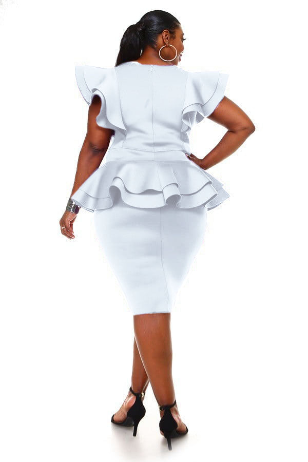 Hi Curvy Plus Size Women Elegant White Cascade Tiered Ruffle MIDI Dress
