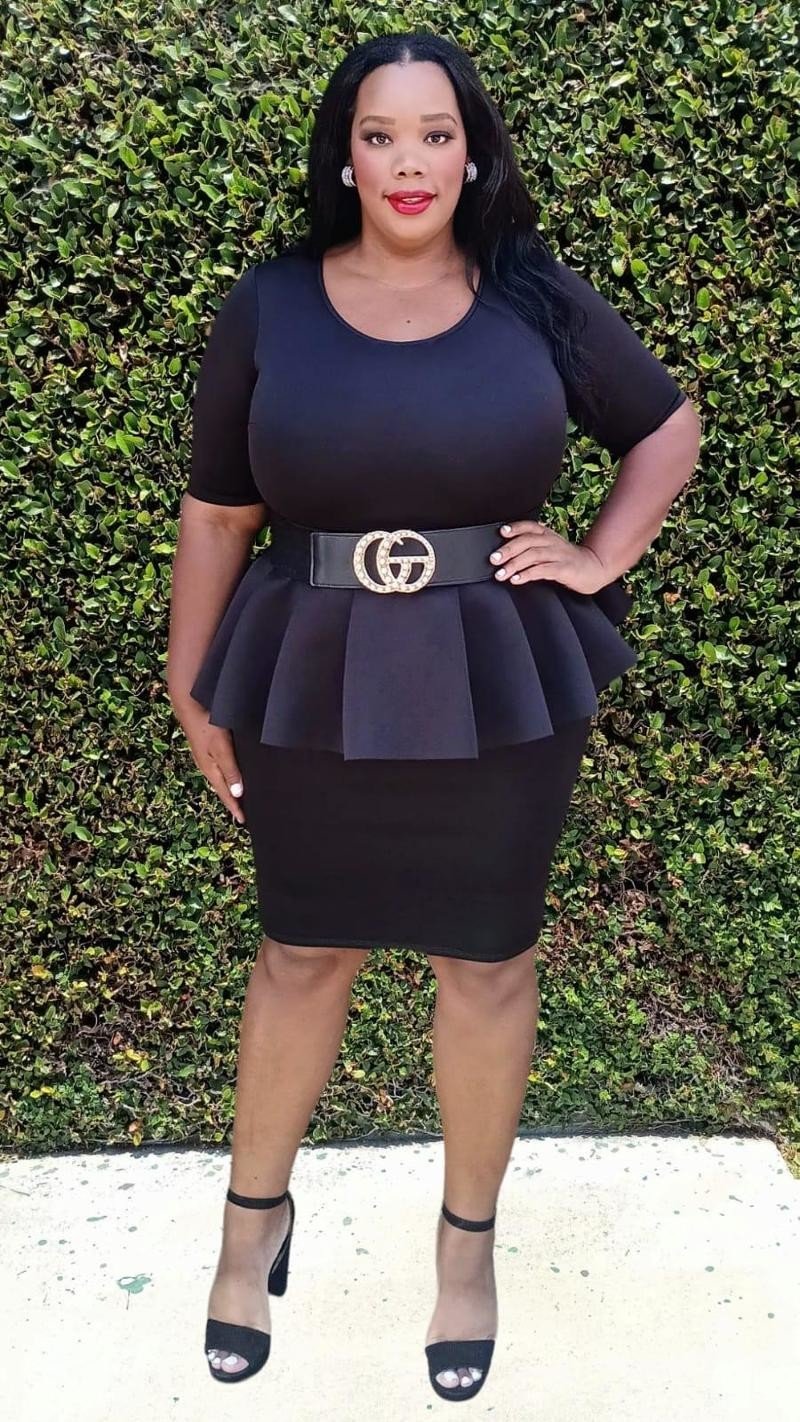 Plus Size Scuba Round Neck Ruff Hem Peplum Knee Dress