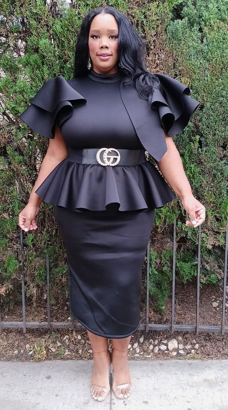 Plus Size Women Fluffy Bow Tie shoulder Hem Peplum Blouse and Skirt Set