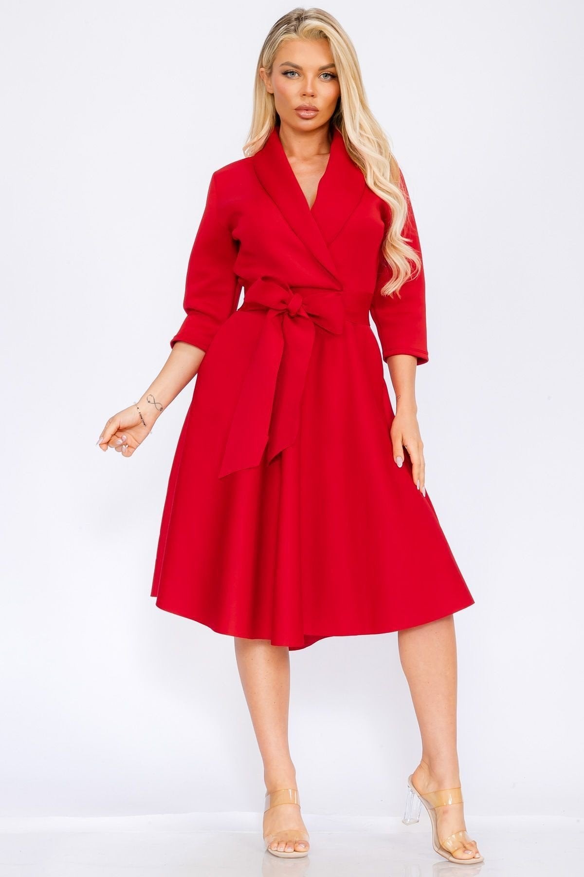 Women Elegant Front Wrap Dress with Tie Waist and Pockets