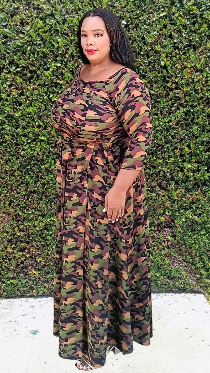 HI Curvy Plus Size Women Flare Camouflaged Maxi Dress with Pockets