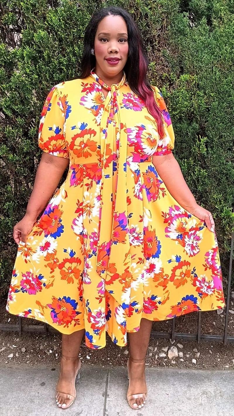 Hi Curvy Plus Size Flora Print Bow Collar Fit & Flare Midi Dress