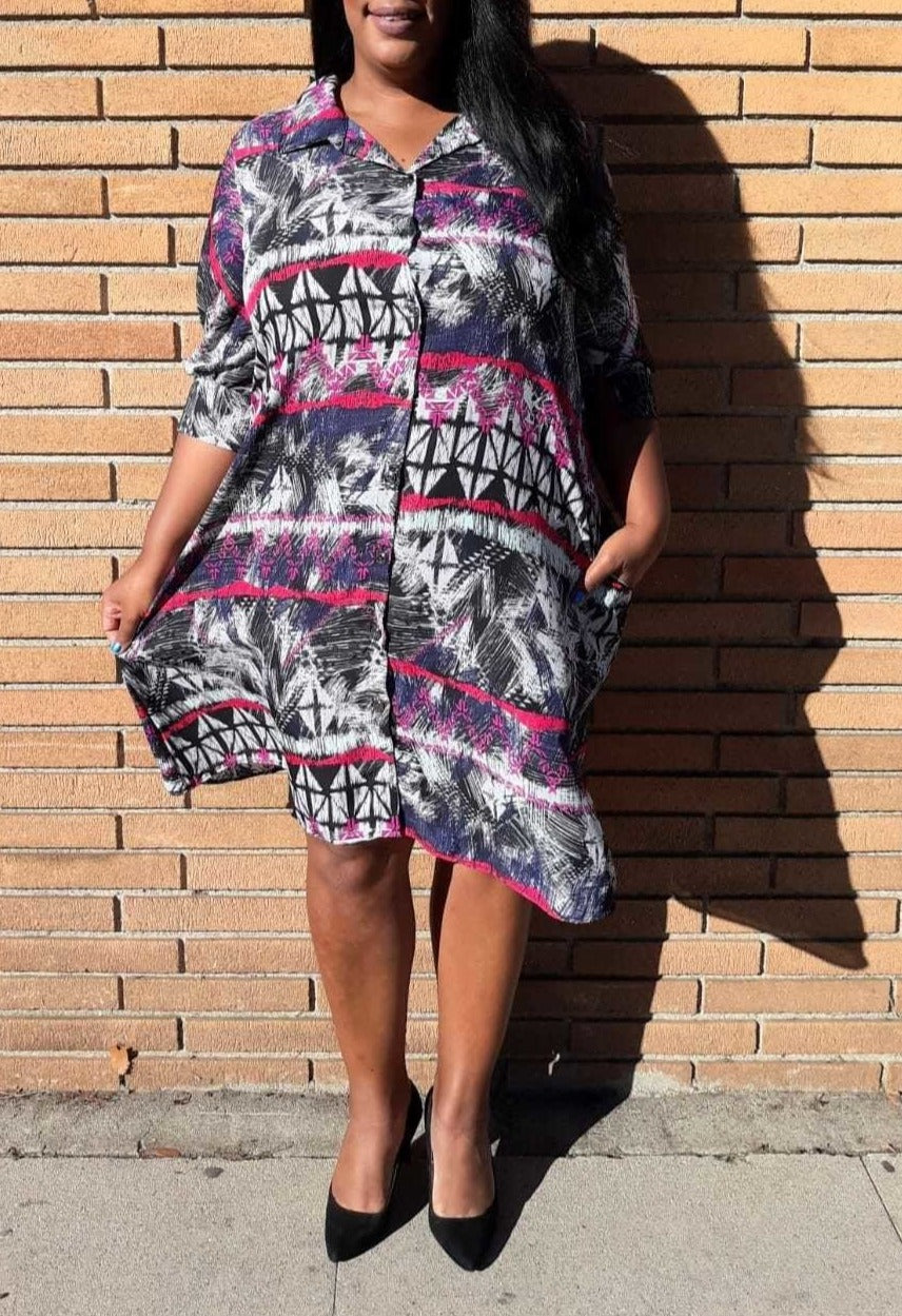 Plus Size Multi Print Collar Neck Mini Dress