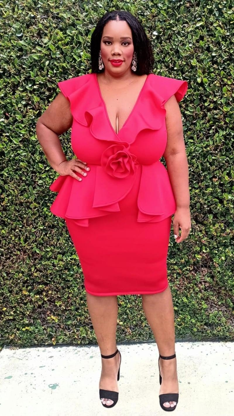 Plus Size Ruffed Hem Wrap Front Flower Design Peplum Dress