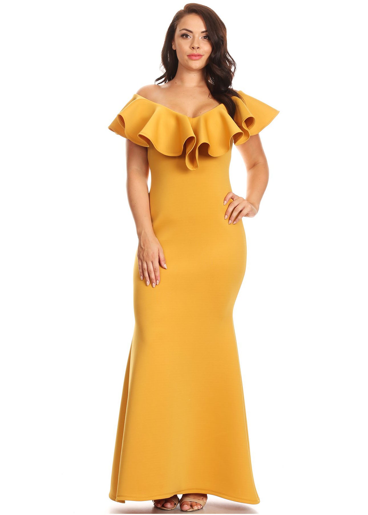 Plus Size Women Ruffle Hem V-neck Mermaid Maxi Dress