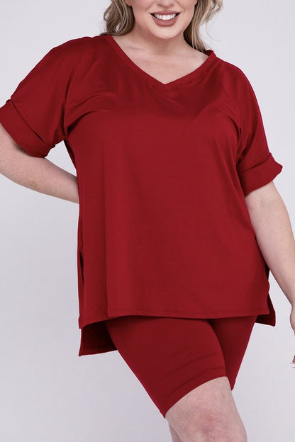 Hi Curvy Plus Size Women Brushed DTY Microfiber V-neck Top & Biker