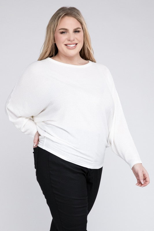 Hi Curvy Plus Size Women Ribbed Batwing Long Sleeve Boat Neck Sweater