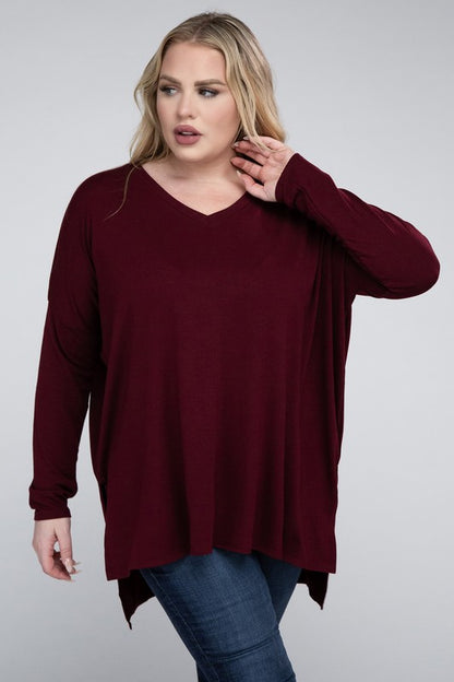 Hi Curvy Plus Size Women Dolman Sleeve V-Neck Side Slit Hi-Low Hem Top