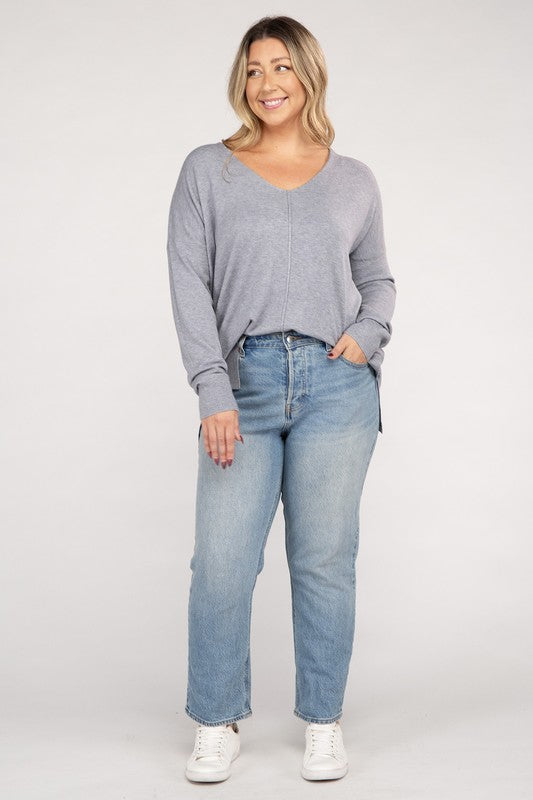 Hi Curvy Plus Size Women Garment Dyed Front Seam Sweater