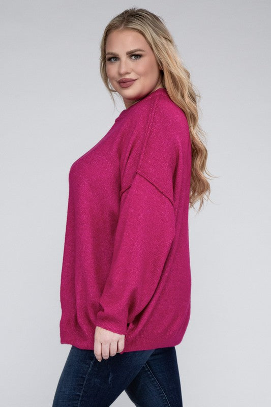 HI Curvy Plus Size Women Oversized Round Neck Raw Seam Melange Sweater