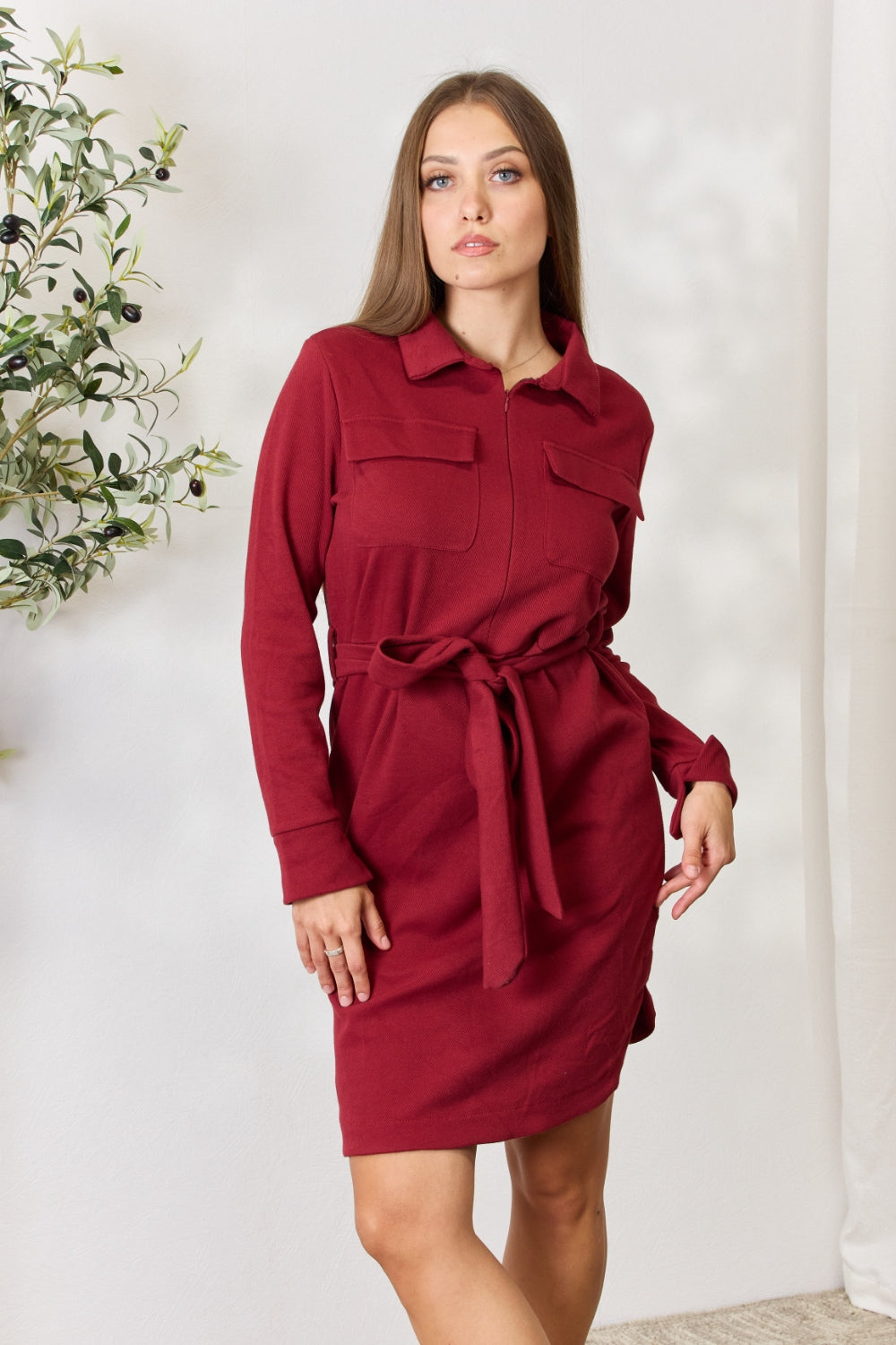 Full Size Tie Front Half Zip Long Sleeve Shirt Dress