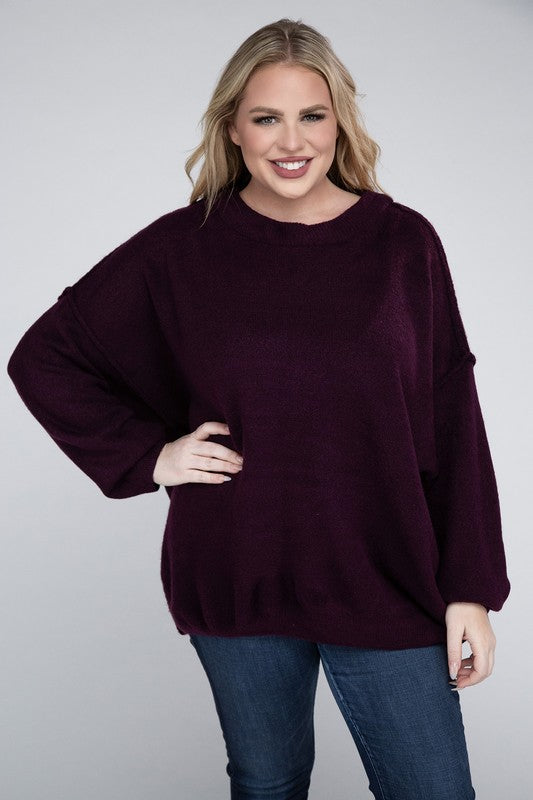 HI Curvy Plus Size Women Oversized Round Neck Raw Seam Melange Sweater