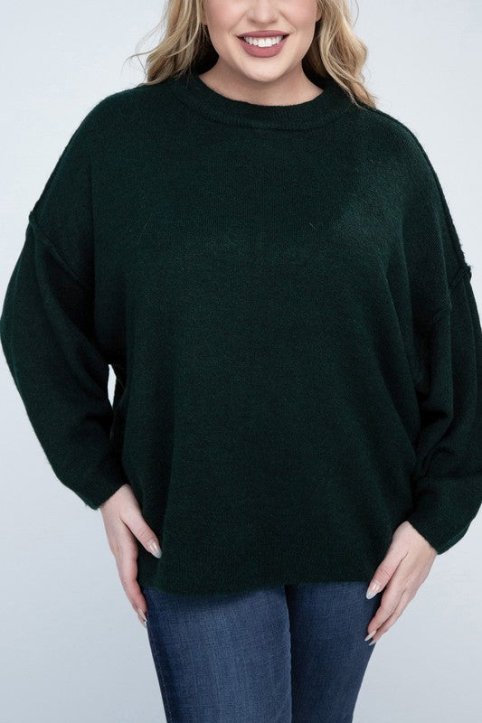 HI Curvy Plus Size Women Oversized Round Neck Raw Seam Melange Sweater