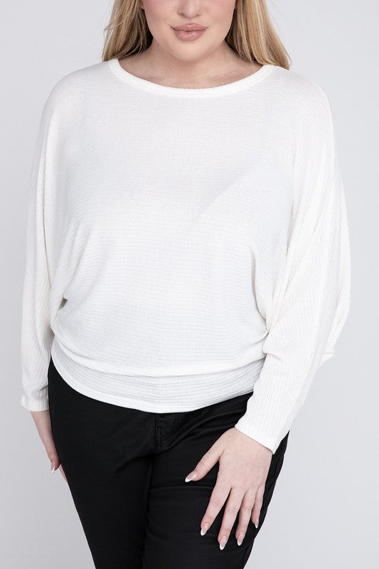 Hi Curvy Plus Size Women Ribbed Batwing Long Sleeve Boat Neck Sweater