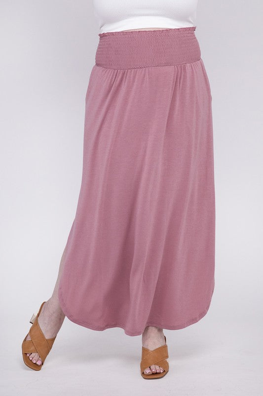 Hi Curvy Plus Size Women Smocked Waist Side Slit Maxi Skirt w/ Pockets