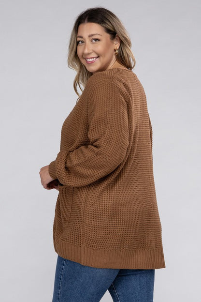 HI Curvy Plus Size Women Low Gauge Waffle Open Cardigan Sweater