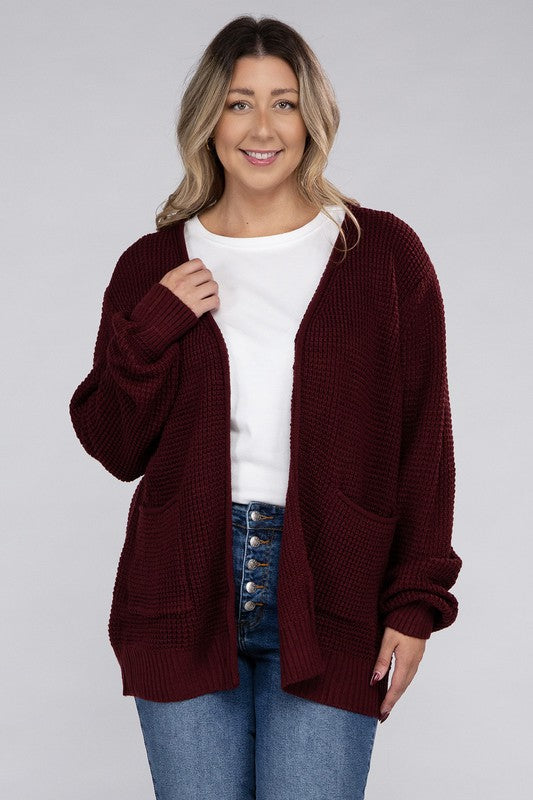 HI Curvy Plus Size Women Low Gauge Waffle Open Cardigan Sweater