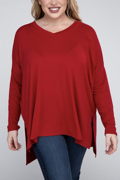 Hi Curvy Plus Size Women Dolman Sleeve V-Neck Side Slit Hi-Low Hem Top