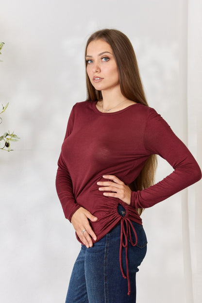 Full Size Drawstring Round Neck Long Sleeve Top