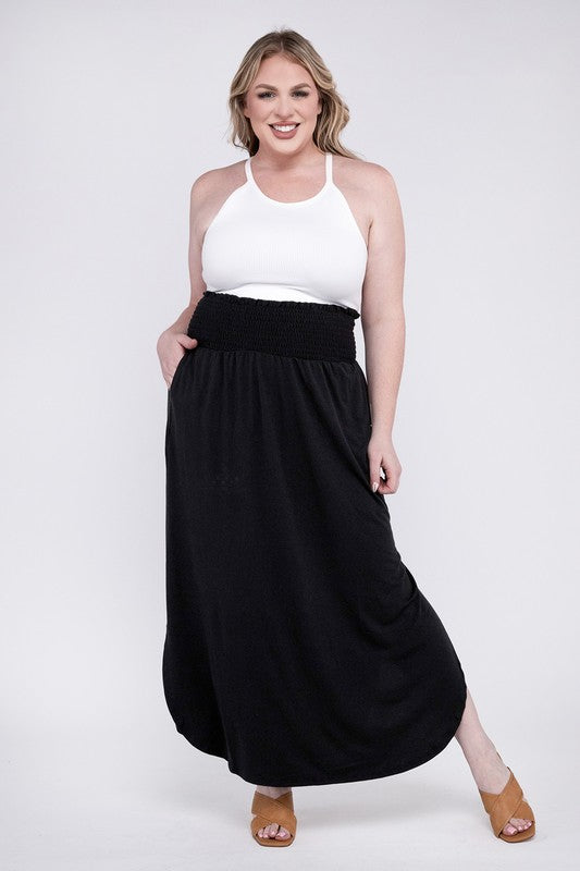 Hi Curvy Plus Size Women Smocked Waist Side Slit Maxi Skirt w/ Pockets