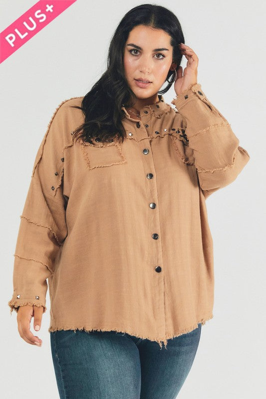 Hi Curvy Plus Size Women Distressed hem button down oversize shirt