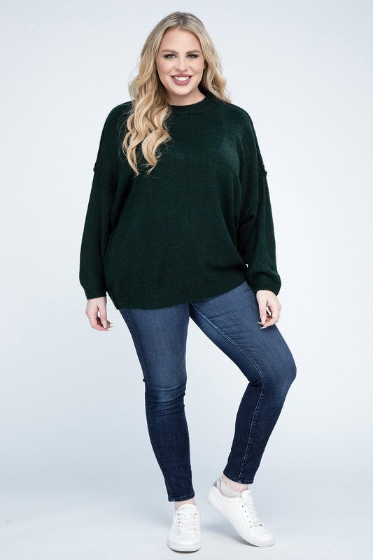 HI Curvy Plus Size Women Oversized Round Neck Raw Seam Melange Sweater