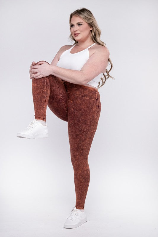 Hi Curvy Plus Size Women Mineral Washed Wide Waistband Yoga Leggings