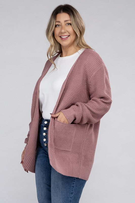 HI Curvy Plus Size Women Low Gauge Waffle Open Cardigan Sweater