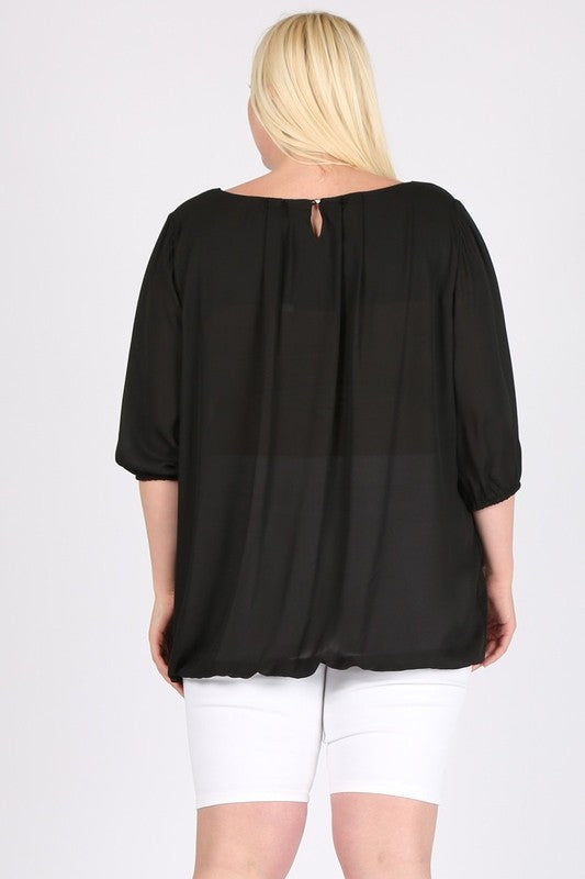 Plus Size 3/4 Sleeve Ruffle Round Neck Shirts