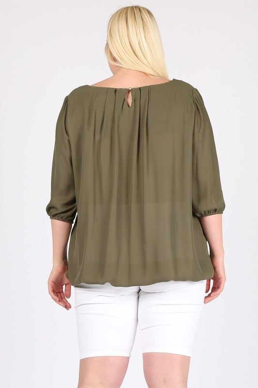 Plus Size 3/4 Sleeve Ruffle Round Neck Shirts