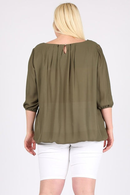 Plus Size 3/4 Sleeve Ruffle Round Neck Shirts